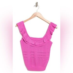 Kids LUSH RUFFLE CROP SCOOP NECK SLEEVELESS SWEATER TANK TOP IN VIVID PINK Med